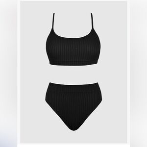 CUPSHE Two Piece High Waisted Scoop Neck Adj.Straps Textured,Black, Medium, NWT